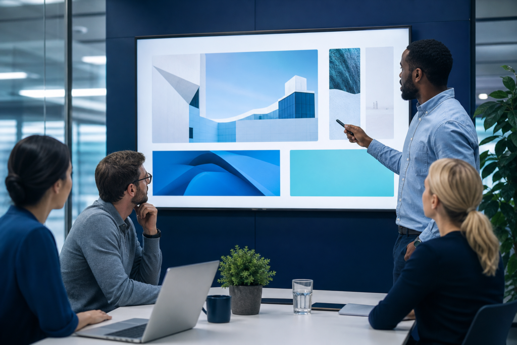 Enterprise team reviewing landing page design in a modern office