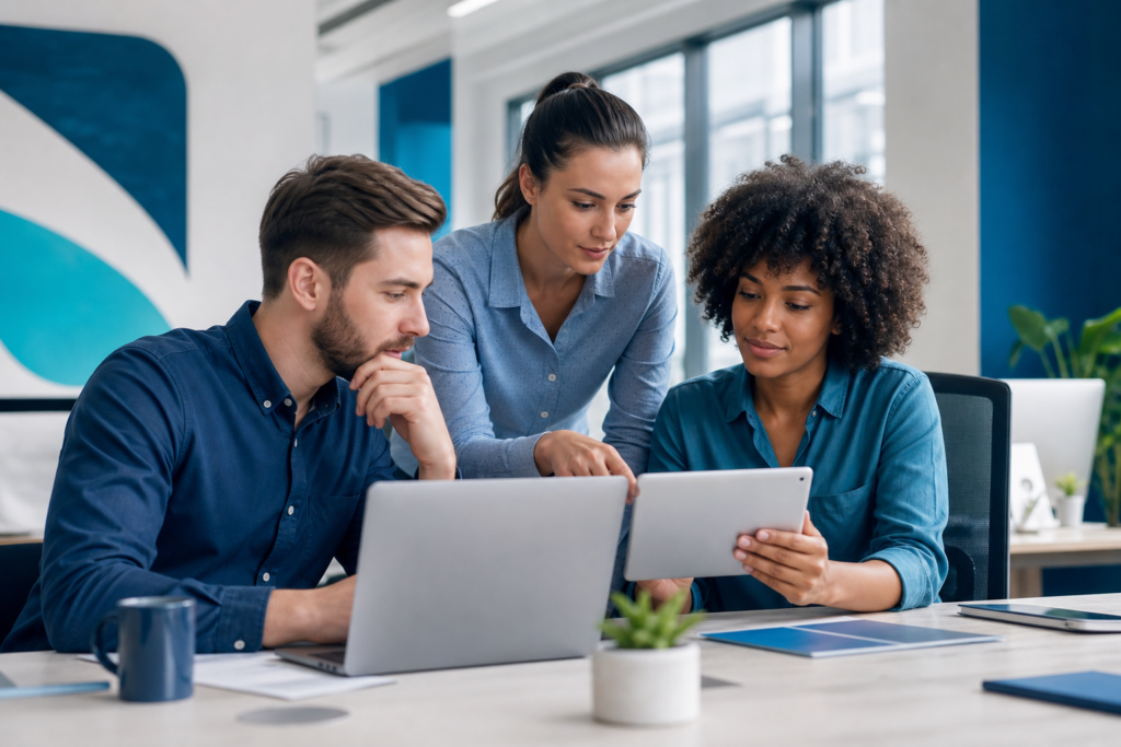 Small business team reviewing website layout and visual hierarchy on devices