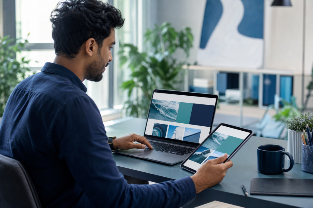 Small business owner reviewing a website on a laptop and tablet in a modern office