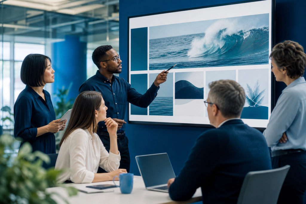Enterprise team reviewing accessible web design best practices in a modern office