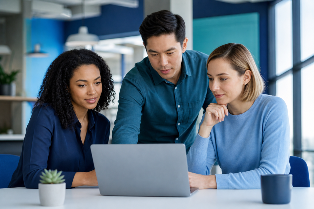 Small business team reviewing accessible web design best practices on a laptop