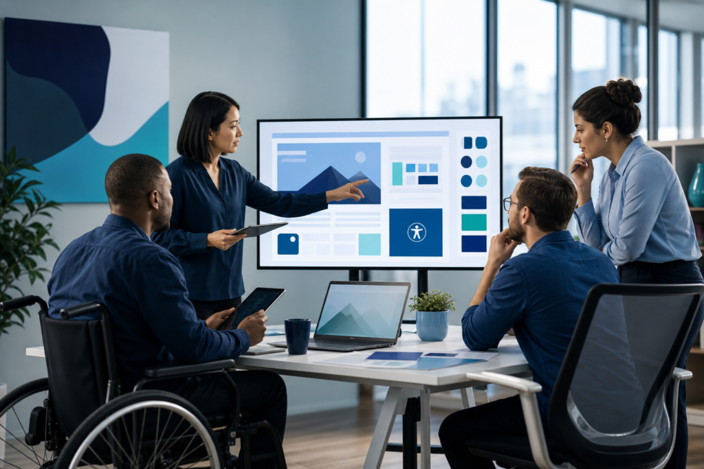 Enterprise team reviewing an accessible web design checklist on a large screen