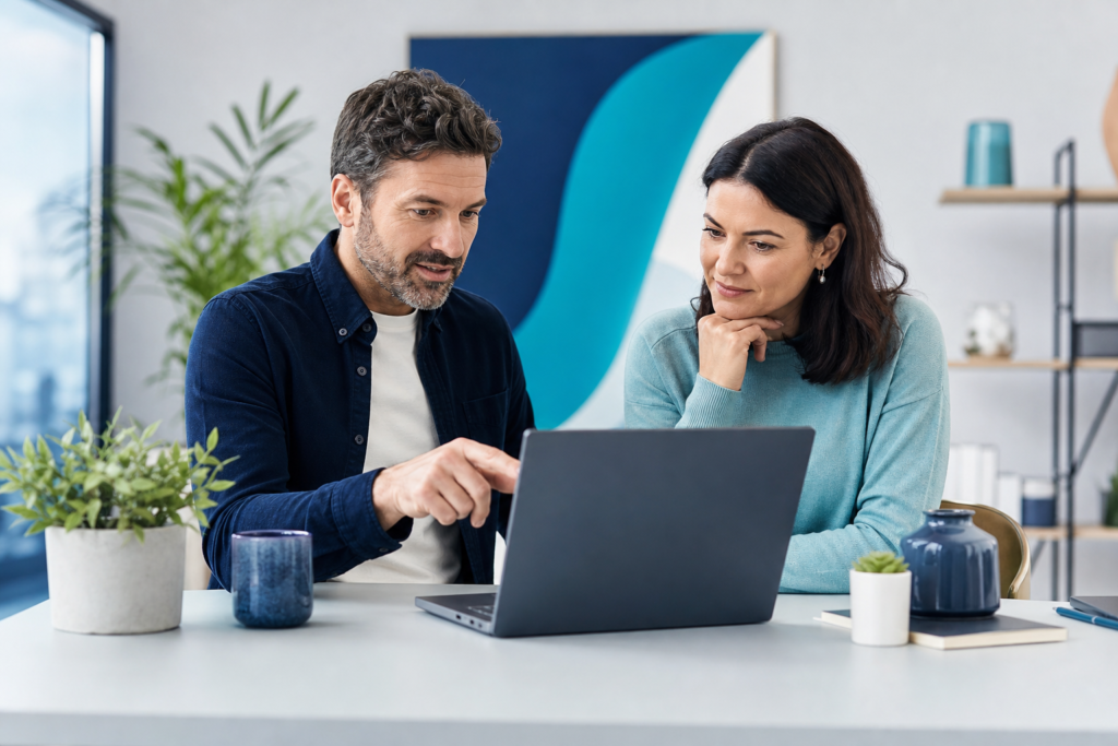 Small business owner and web designer reviewing an accessible website layout on a laptop