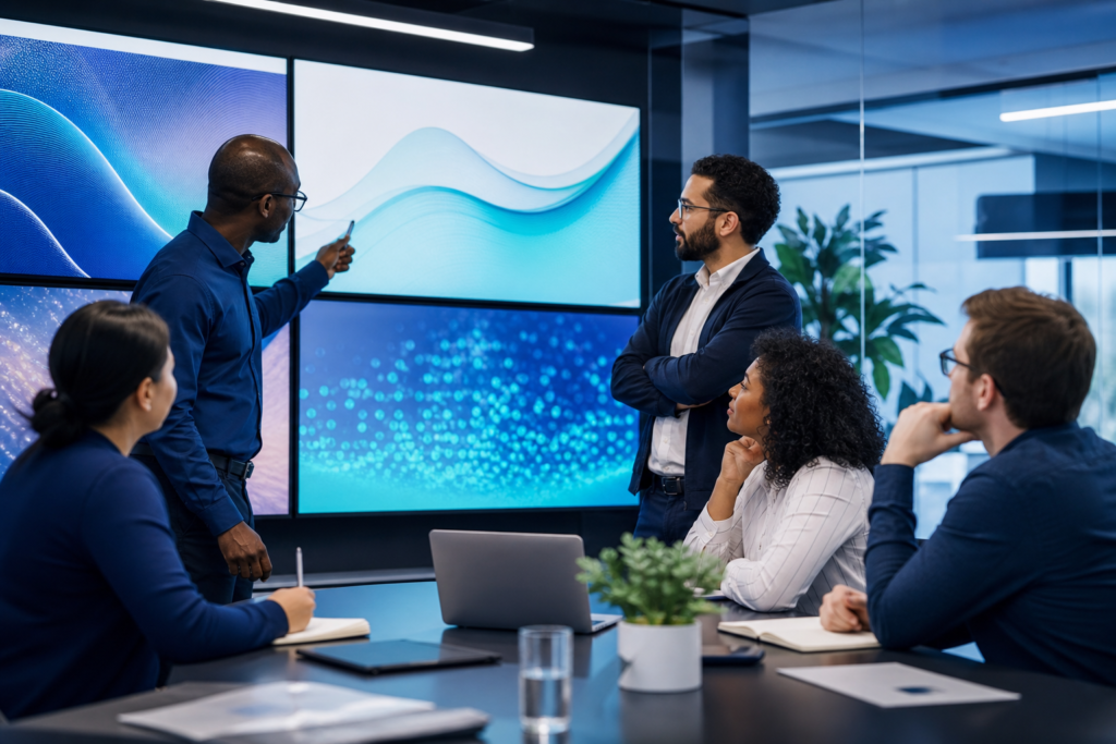 Enterprise team reviewing an accessible web design strategy in a modern office