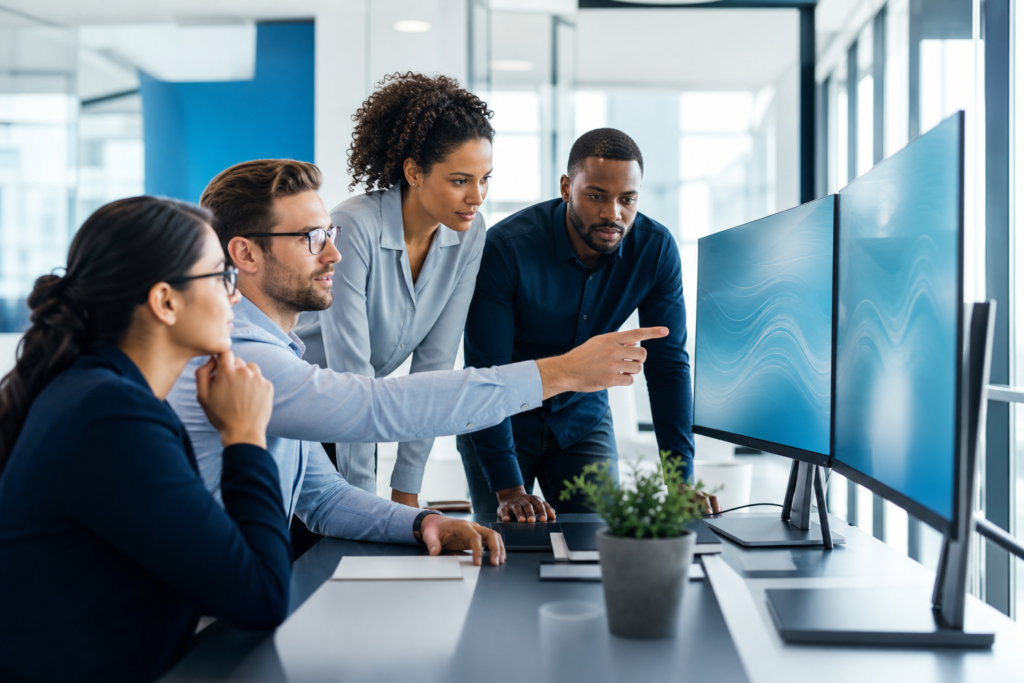 Enterprise team reviewing accessible web design issues in a modern office