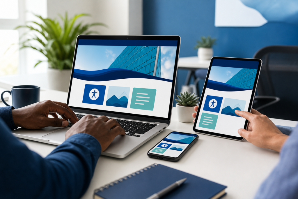 Professional editorial image of a small business website accessibility review on laptop and mobile devices