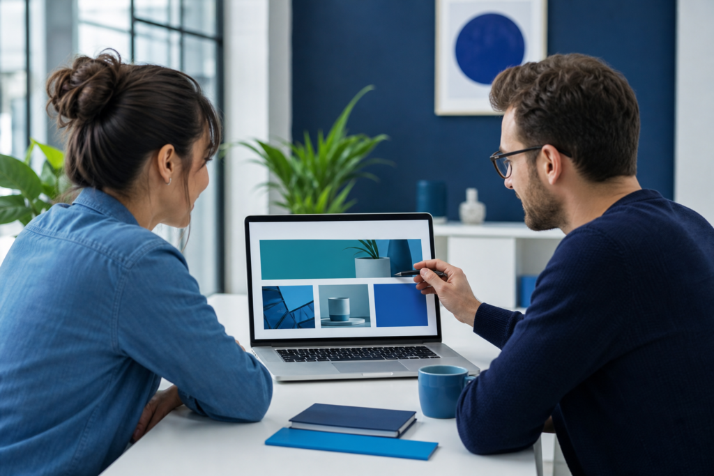 Small business owner and web designer reviewing an accessible website layout on a laptop