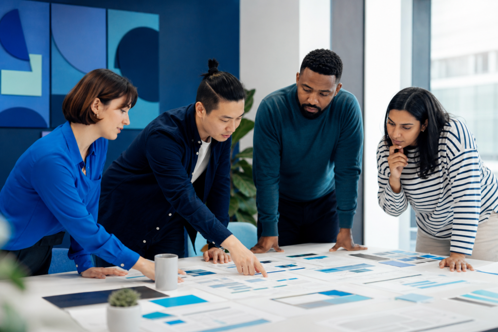 Enterprise team reviewing accessible web design solution plans in a modern office