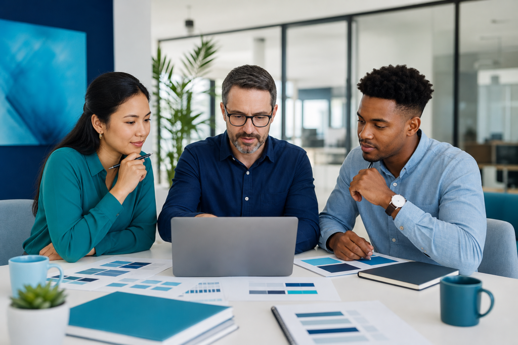 Small business team reviewing an accessible web design solution strategy