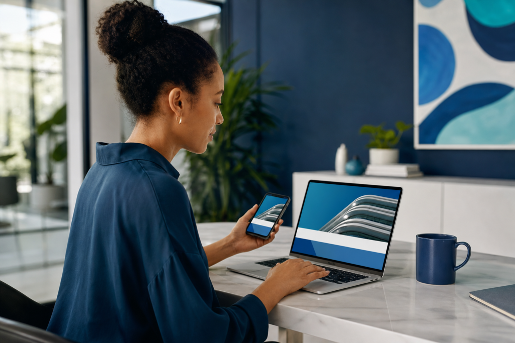 Small business owner reviewing an accessible website on a laptop and smartphone
