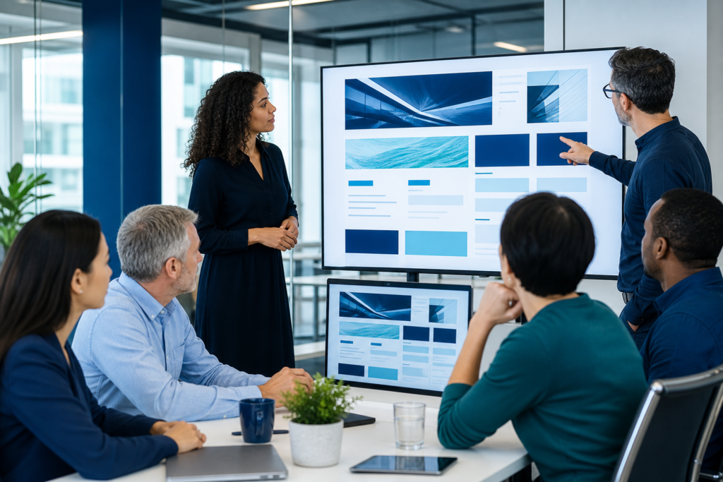 Enterprise team discussing accessible web design strategy in a modern office
