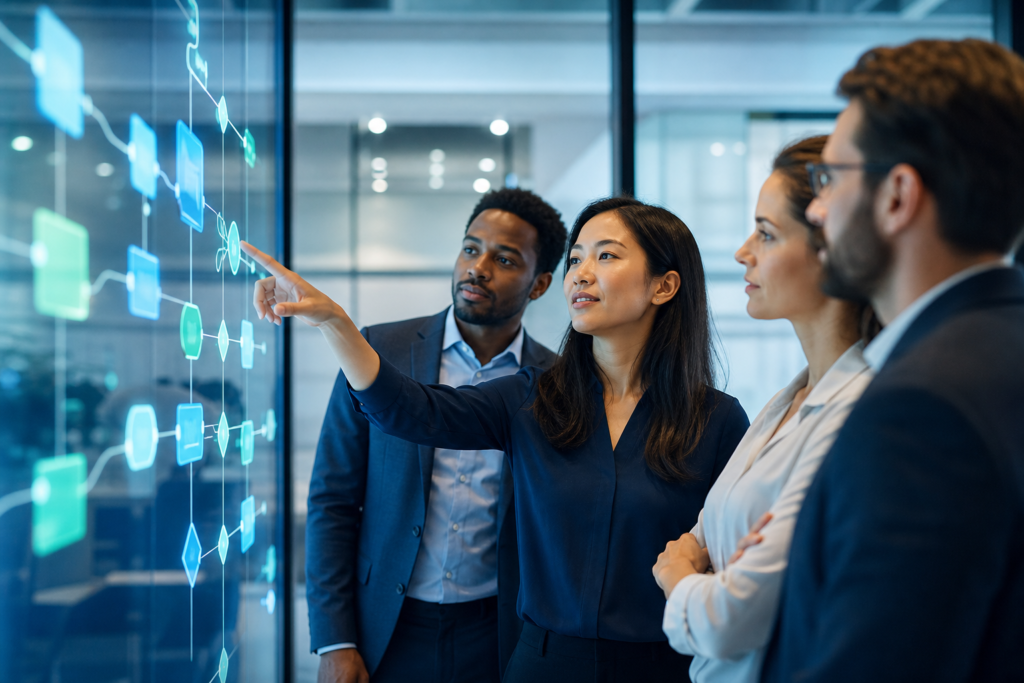 Business team comparing AI agents and traditional automation in a modern office