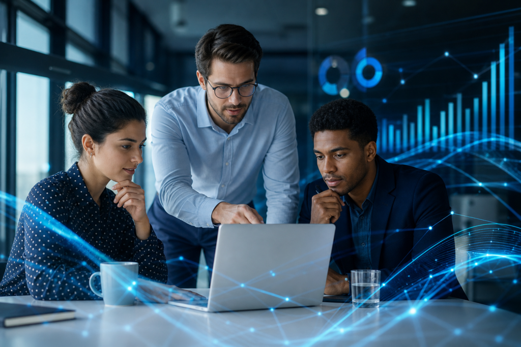 Small business team planning AI workflow automation in a modern office
