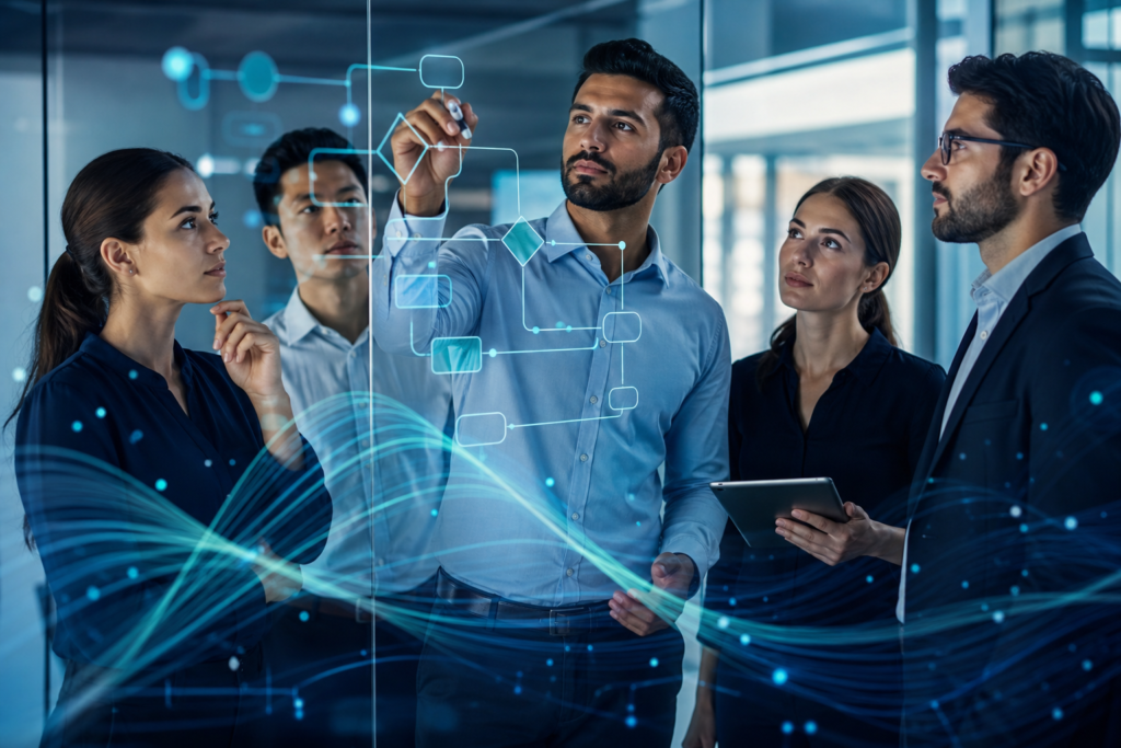 Business team planning AI workflow automation in a modern meeting room