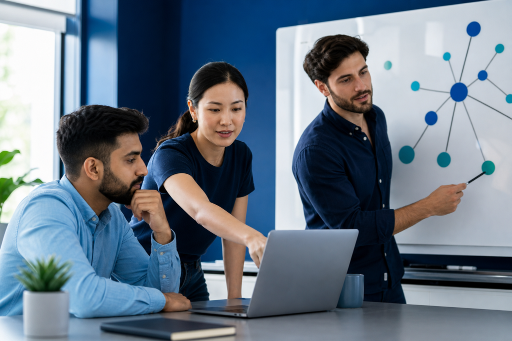 Startup team planning API integration best practices in a modern office