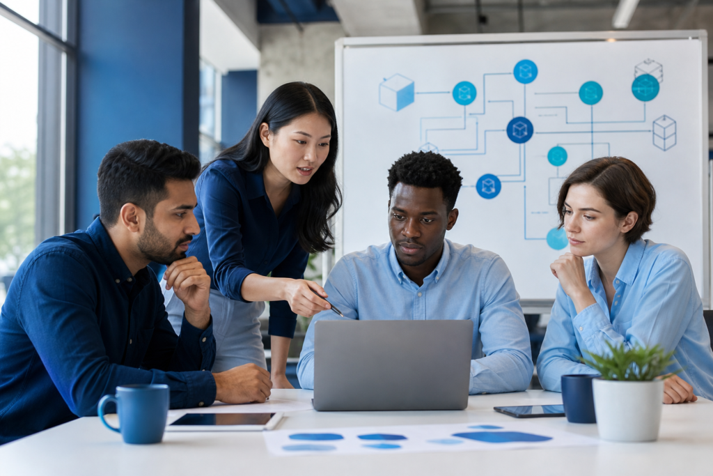 Startup team reviewing an API integration checklist in a modern workspace