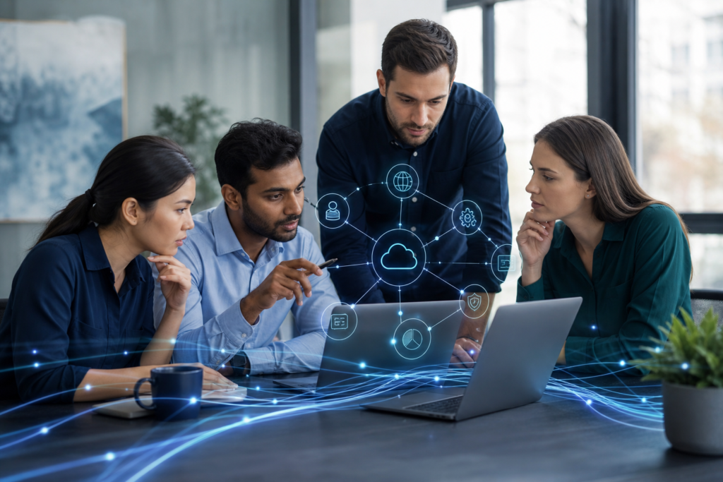Startup team planning API integration workflows in a modern office