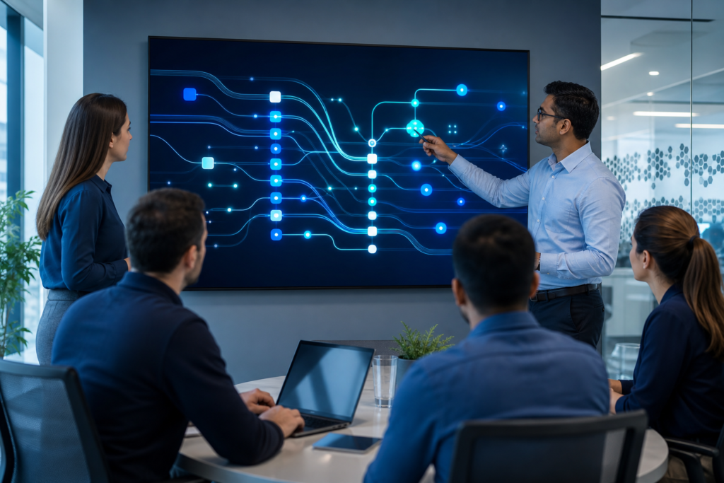 Enterprise team reviewing API integration architecture and data flows
