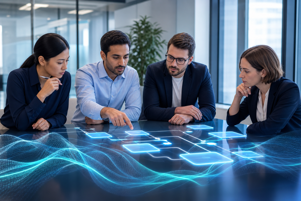 Startup team discussing API integration planning and connected systems