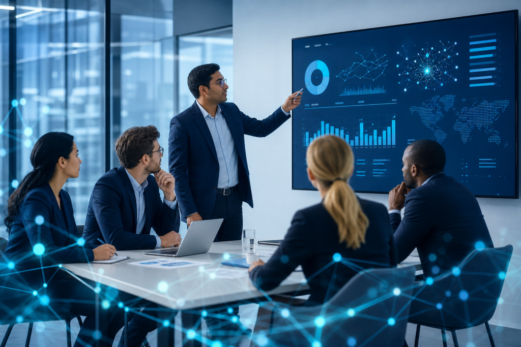 Enterprise team planning an API integration solution with connected systems in a modern office