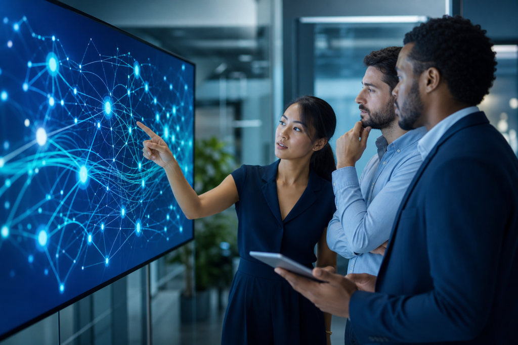 Enterprise team discussing API integration strategy and connected business systems
