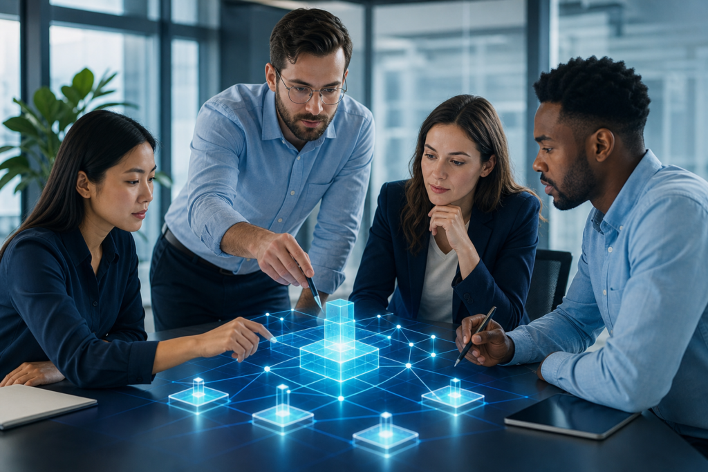 Startup team discussing API integrations and connected digital workflows