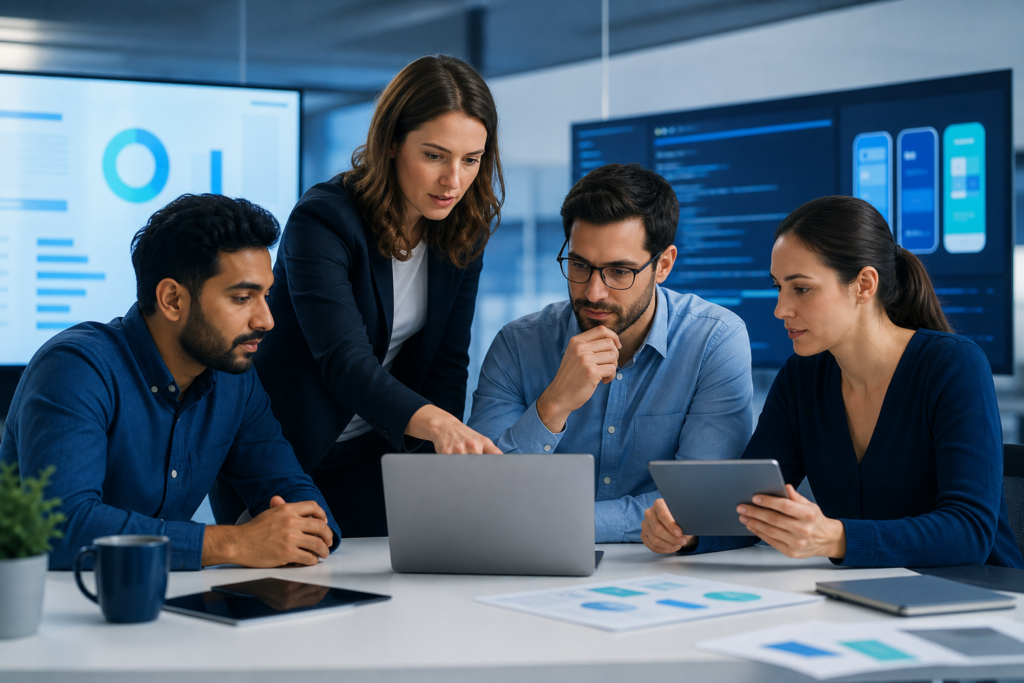Team planning app maintenance after launch on a laptop and tablet