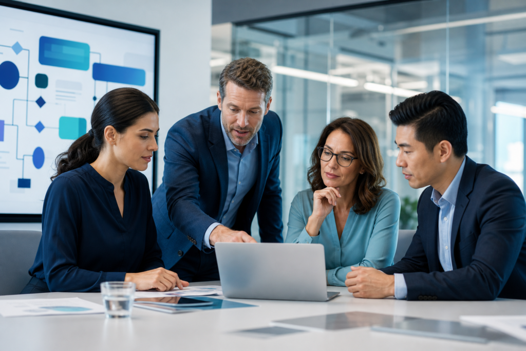 Office team planning safe workflow automation in a modern workplace