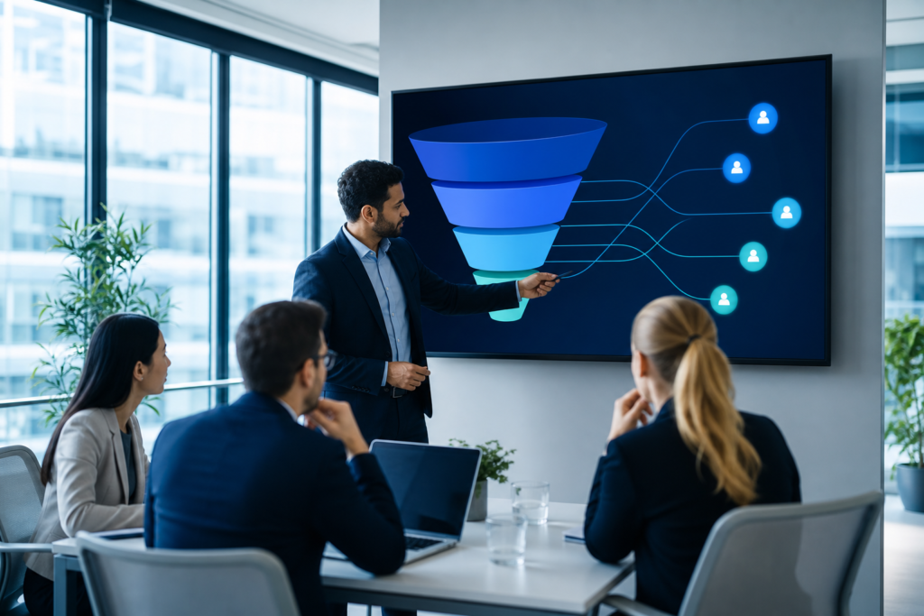 Business team reviewing a B2B lead generation funnel strategy on a digital screen