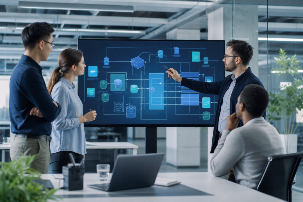 Enterprise team reviewing backend development planning in a modern office