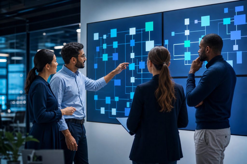 Enterprise team planning backend development strategy in a modern office