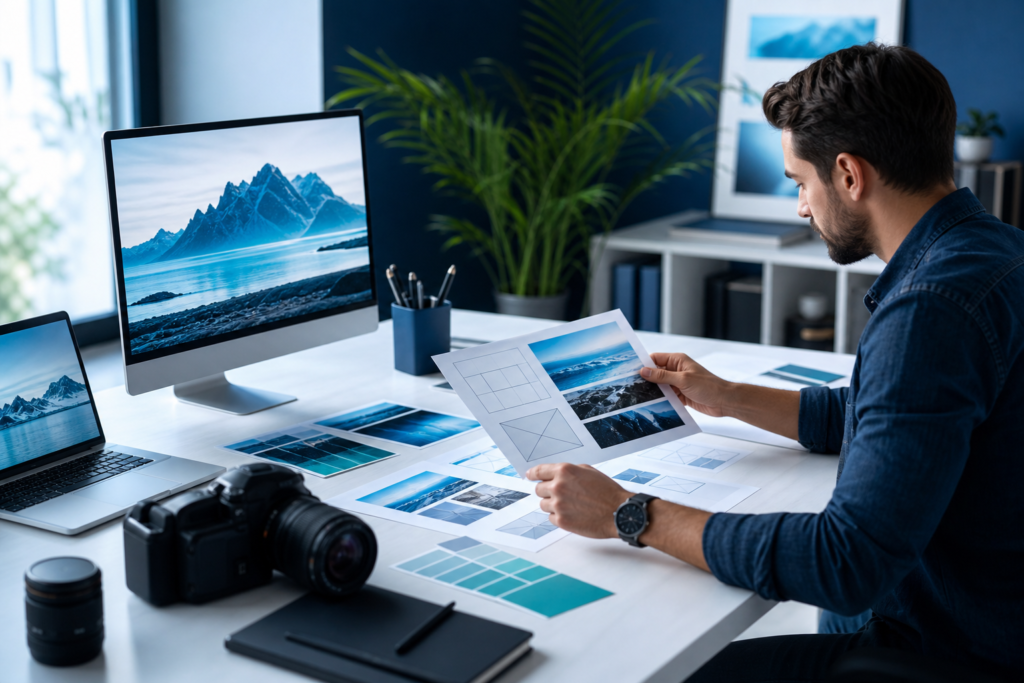 Professional editorial workspace showing planning for website image sizes