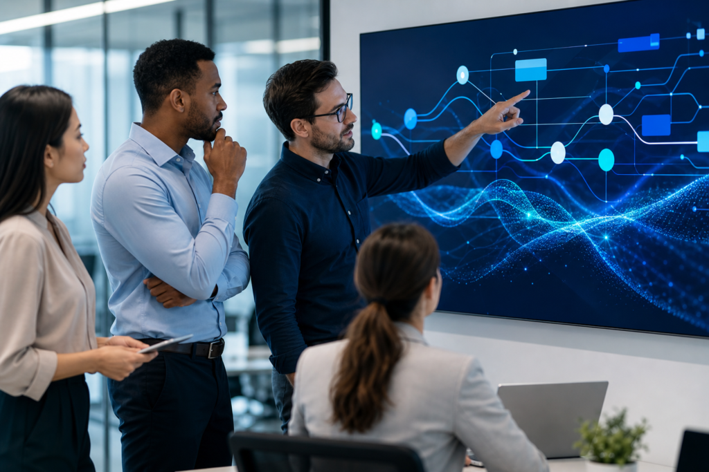 Business team reviewing AI-driven workflow automation in a modern office