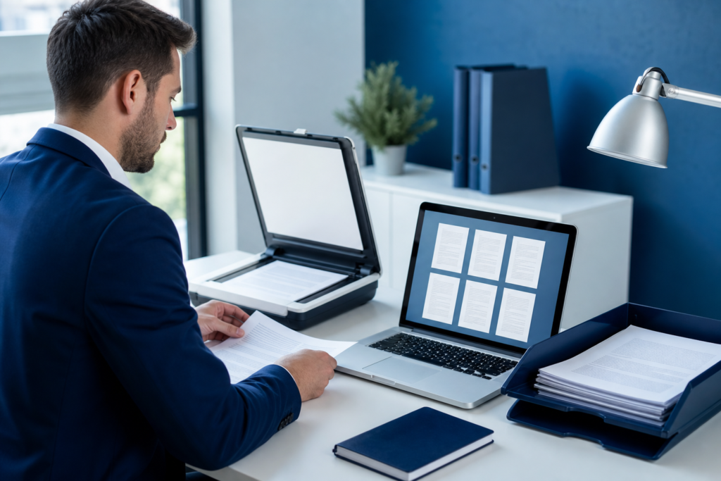 Professional organizing scanned documents into one PDF on a laptop