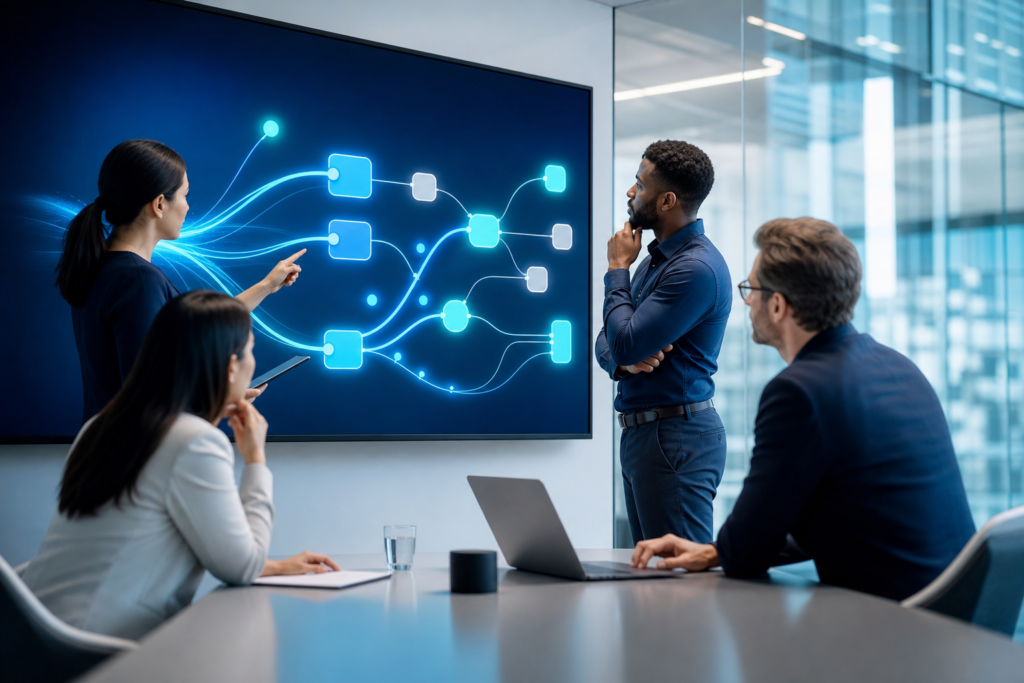 Business team reviewing an AI automation workflow in a modern office