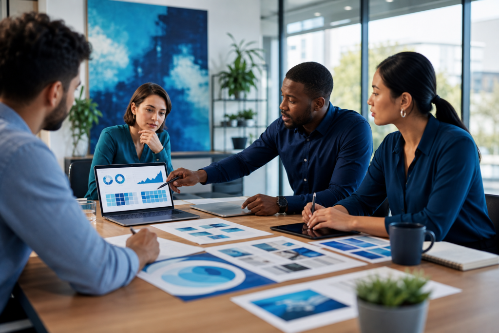 Team reviewing content marketing and paid advertising strategy in a modern office