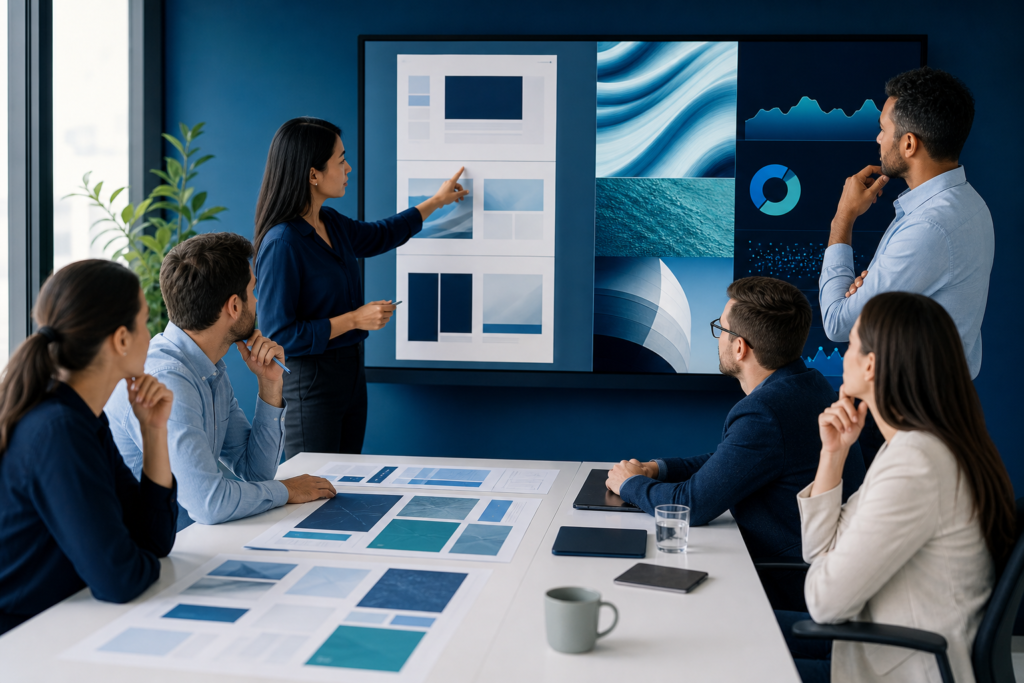 Enterprise team reviewing conversion-focused web design plans in a modern office