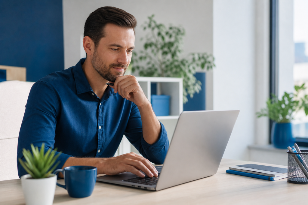 Small business owner reviewing a conversion-focused web design checklist on a laptop