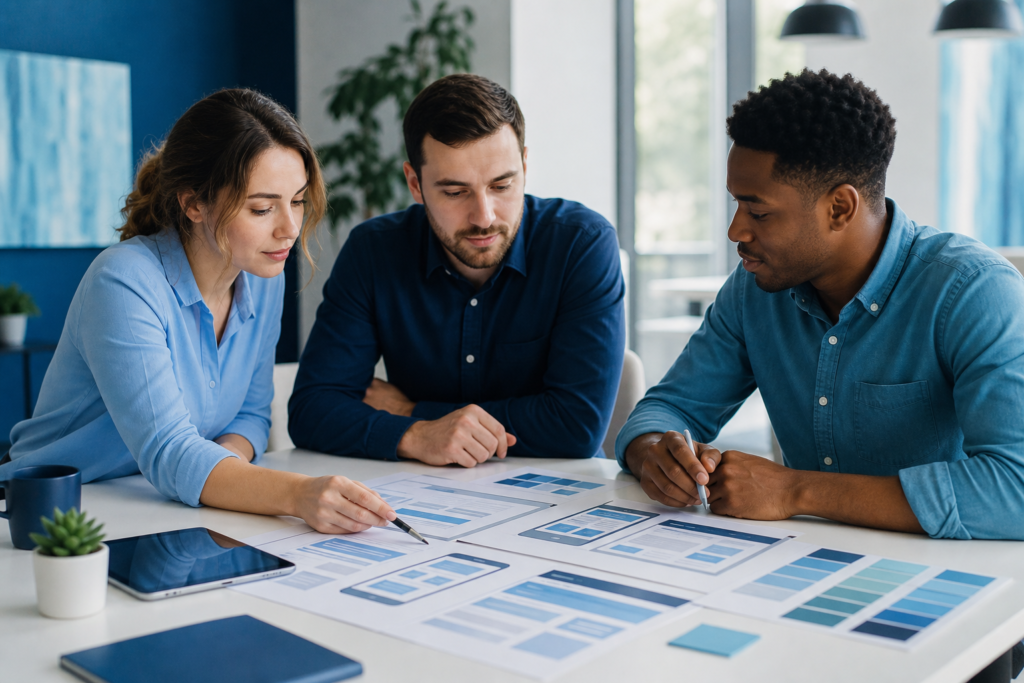 Small business team reviewing conversion-focused web design strategy
