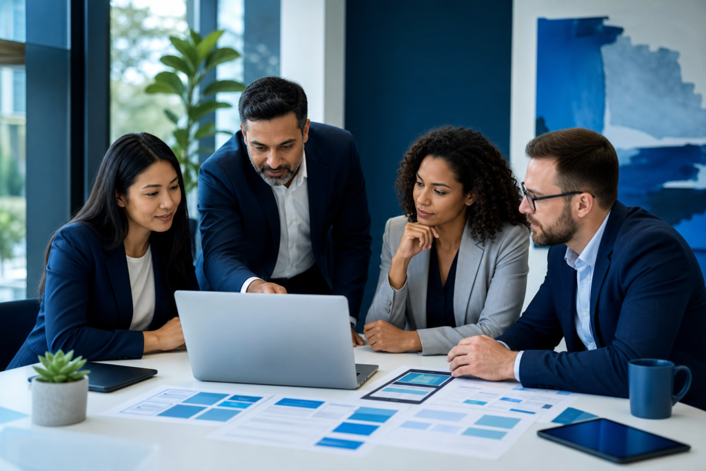 Enterprise team reviewing conversion-focused web design strategy in a modern meeting room