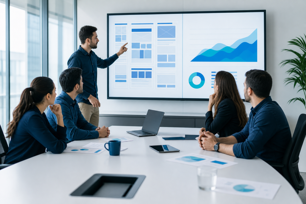 Enterprise team reviewing conversion-focused web design strategy in a modern meeting room
