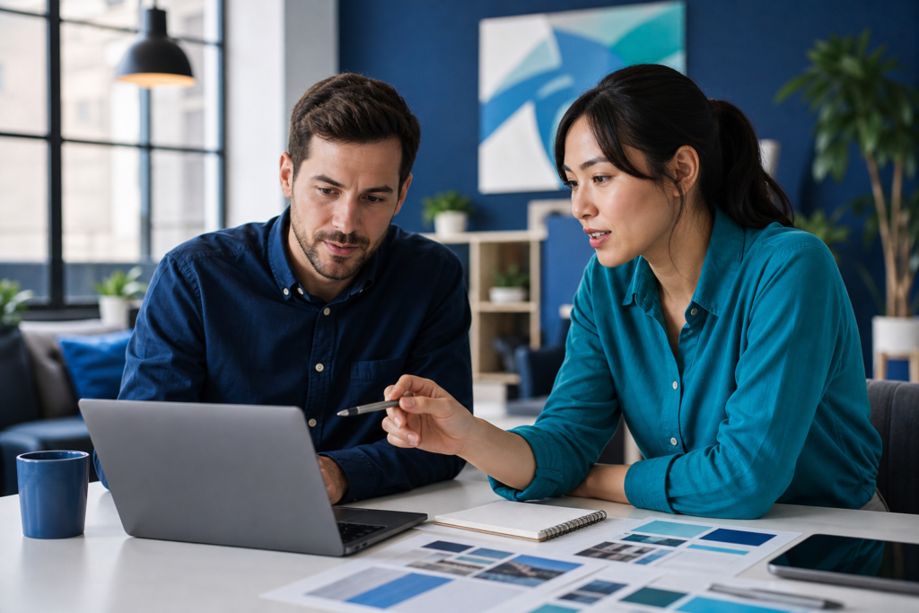 Small business owner and designer reviewing conversion-focused web design strategy