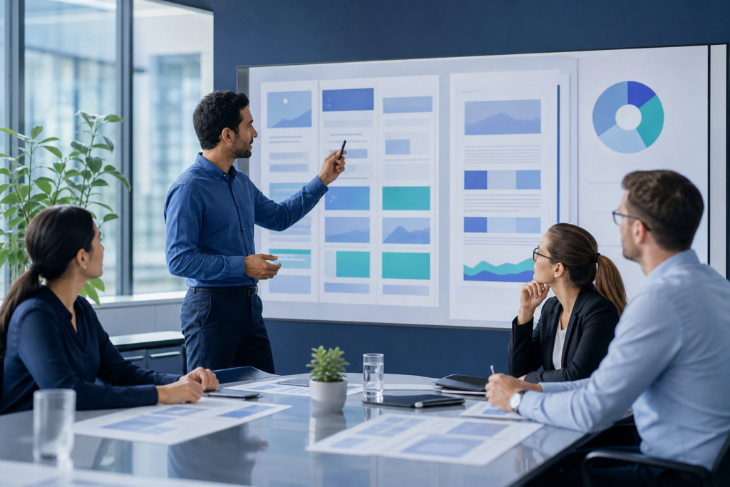 Enterprise team reviewing conversion-focused web design strategy in a modern office