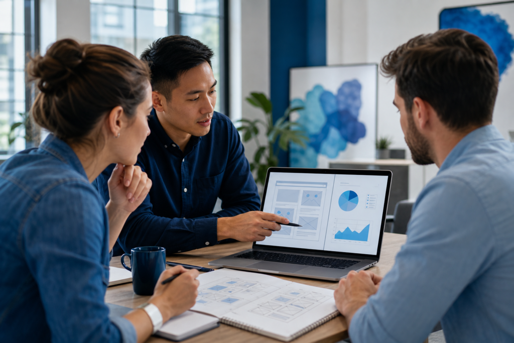 Small business team reviewing a website design for better conversions