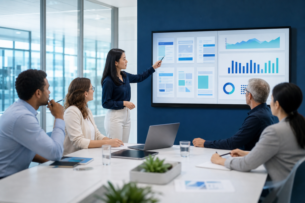 Enterprise team evaluating a conversion-focused web design solution in a strategy meeting