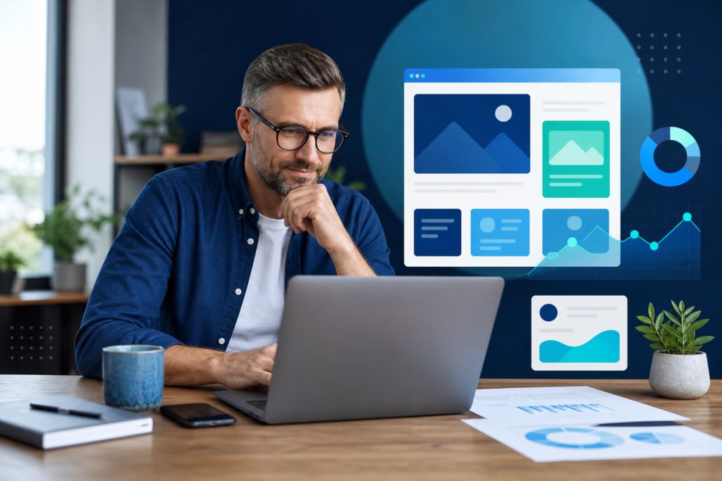 Small business owner reviewing conversion-focused website design strategy on a laptop