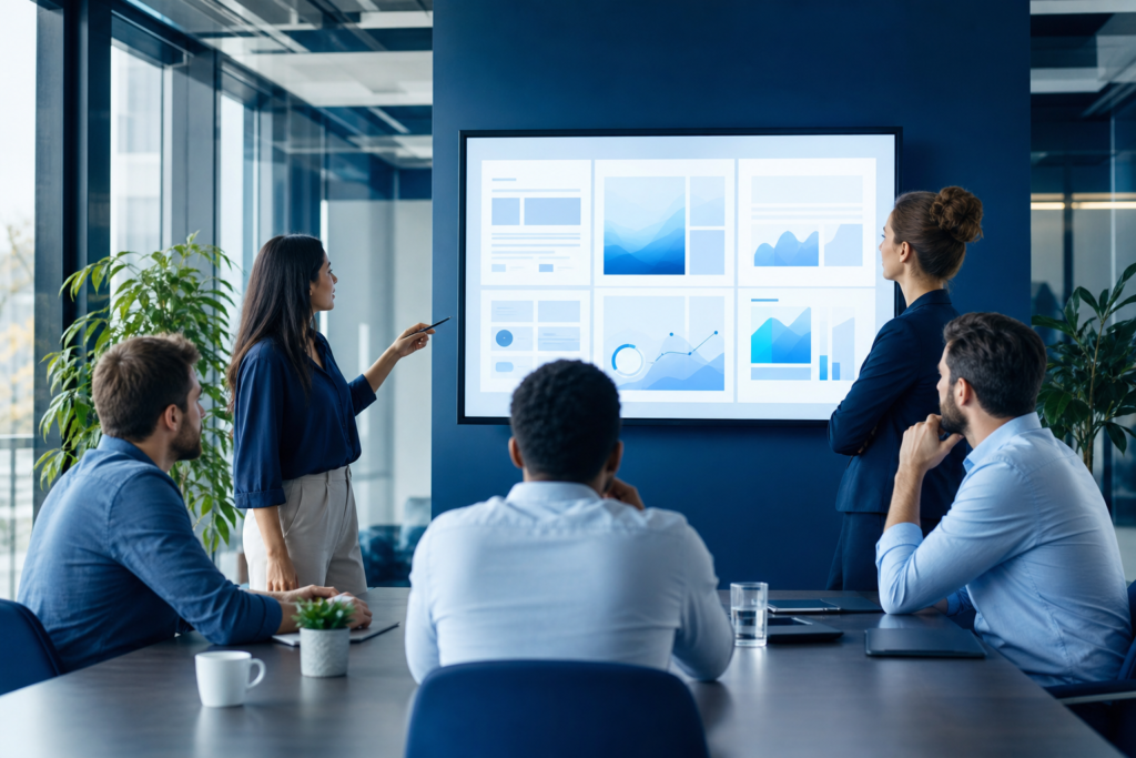 Enterprise team reviewing conversion-focused web design strategy in a modern office
