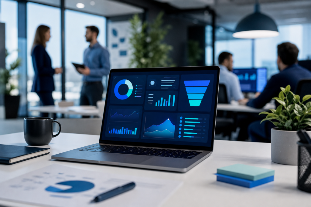 Sales team workspace with CRM dashboard concept illustrating automated follow-up and pipeline management