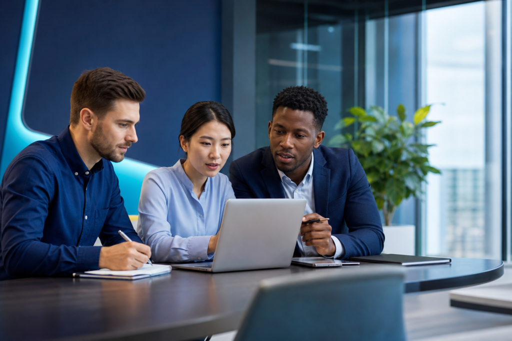 Business team planning a CRM data migration checklist in a modern office