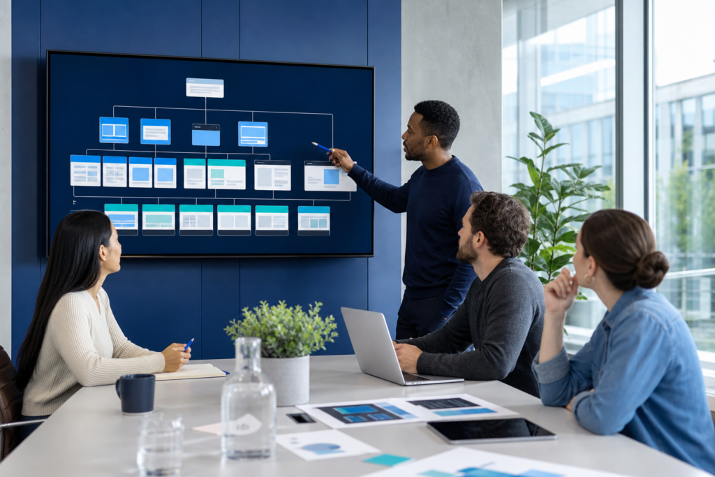 Enterprise team discussing custom web development strategy